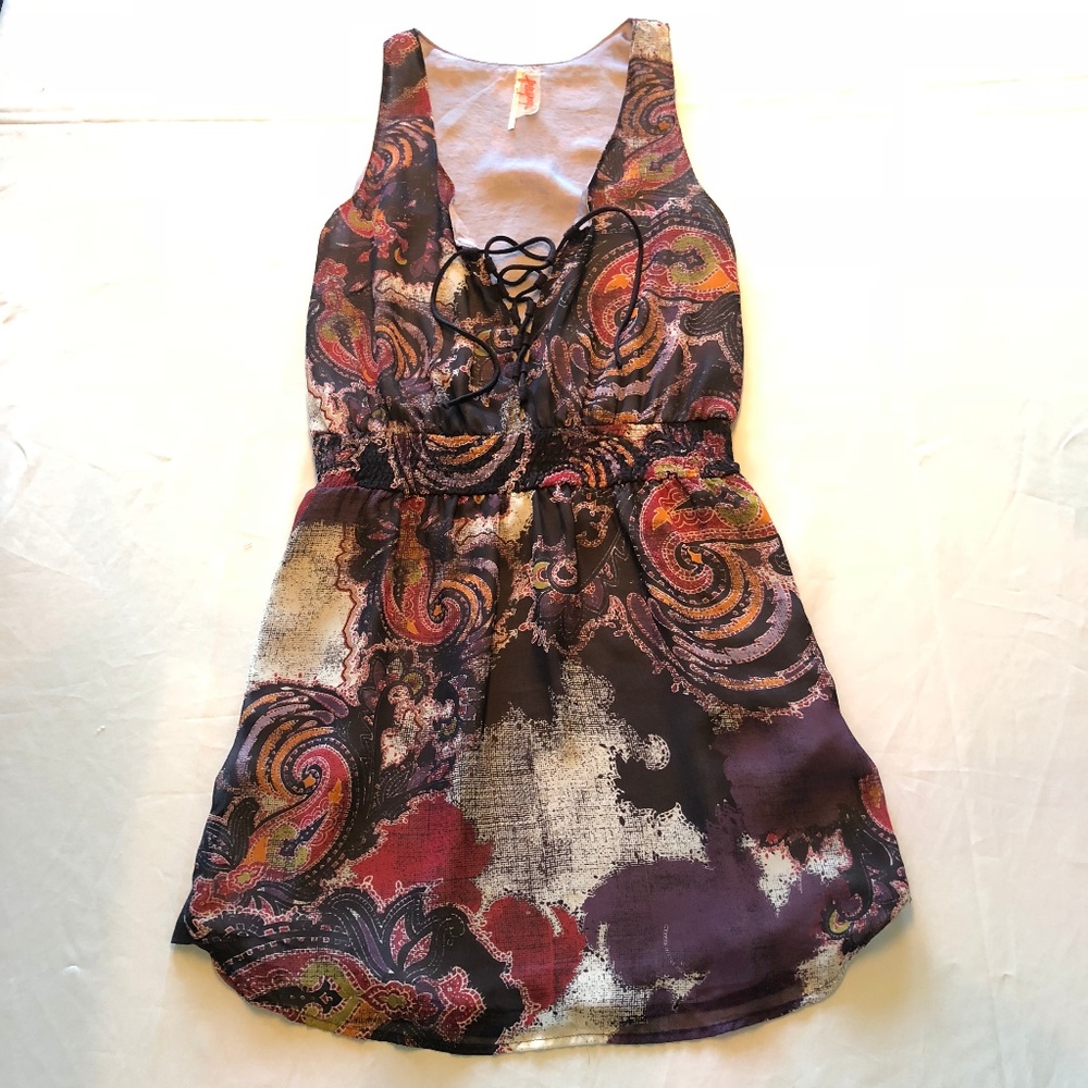 FP Sleeveless Sheer Overlay, Lace Front Mini Dress